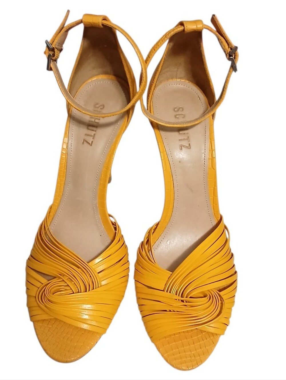Schutz | Mary Gold Leather Croc Embossed Strappy Peeptoe Heeled Sandals Size 10 - Picture 4 of 13
